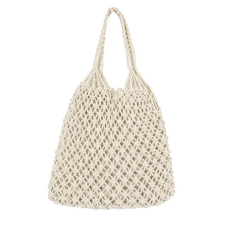 

Hollow out Mesh Knitted Bag Handmade Beach Cotton String Bag Unlined Shoulder Bag (White)