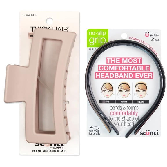 Scunci Blush Beige Soft Touch Open Cut Rectangle Claw Clip & No-Slip Grip Flexible Plastic Skinny Headbands in Black and Brown, 2 Ct