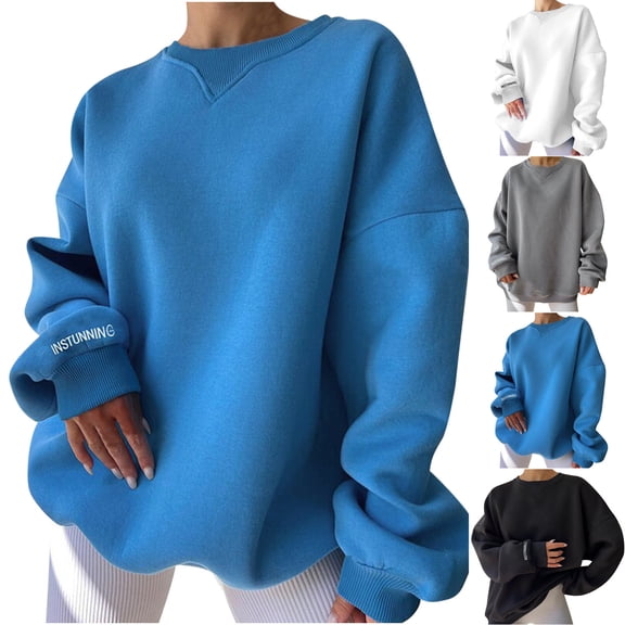 Lovskoo 2024 Sweatshirts for Women Fall Winter Fleece Thick Warm Striped Long Sleeved Round Neck Loose Short Casual Pullover Round Neck Sweater Black