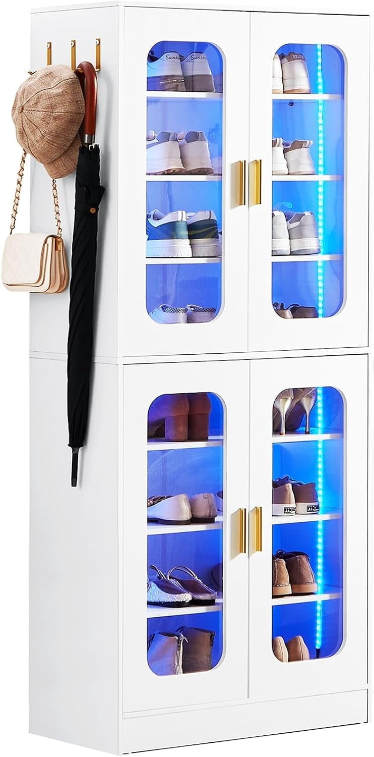 Homieasy 8-Tier LED Shoe Cabinet with Adjustable Shelves - 67 inch Tall Shoe Racks with Hooks for Entryway, Living Room, 24-32 Pairs,White
