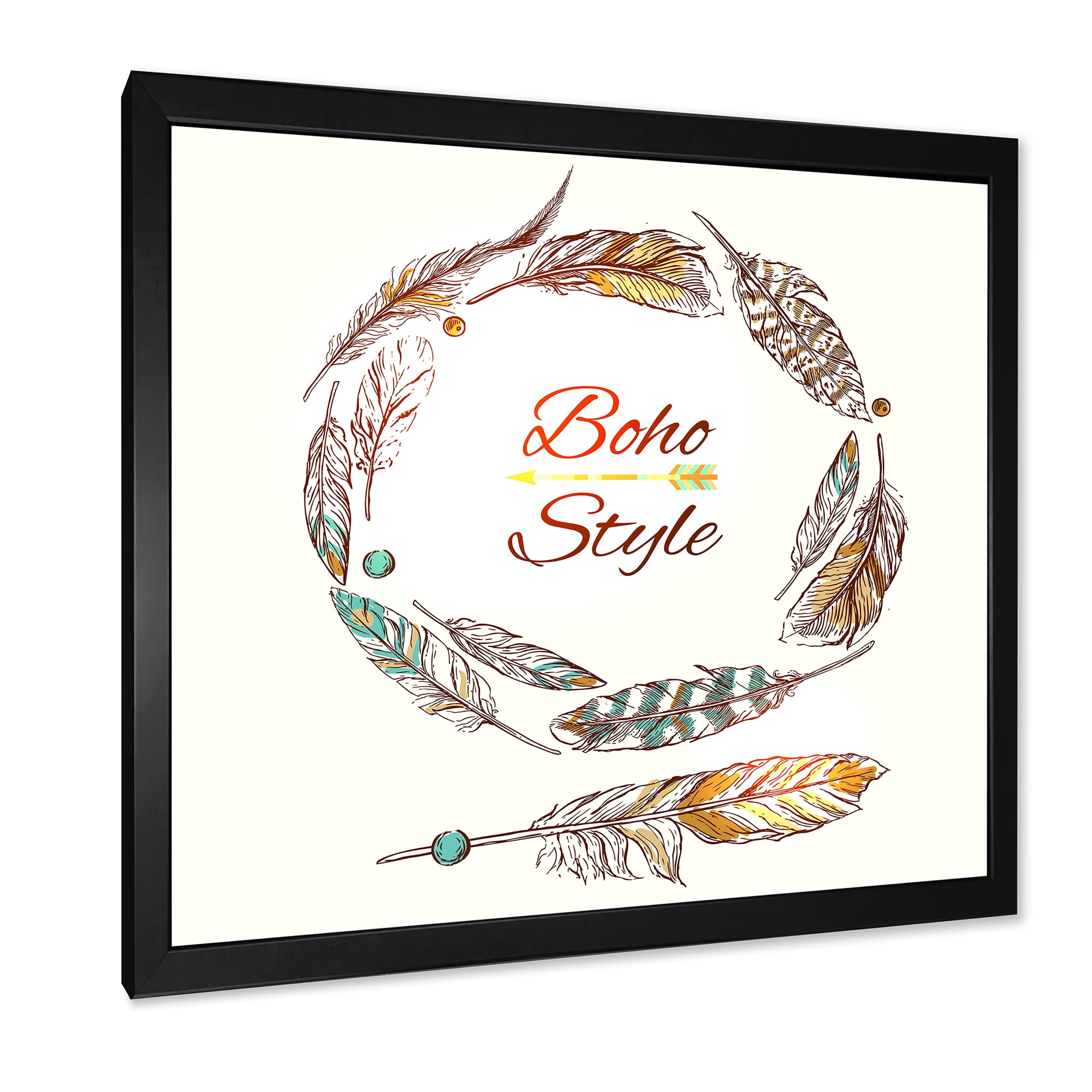 Designart 'Wreath Of Ethnic Beige Boho Feather' Bohemian & Eclectic Framed Art Print