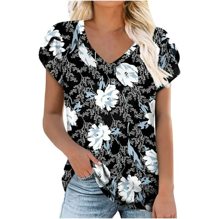 

Black Corset Tops Short Sleeve Printing T-Shirts Loose V-Neck Summer Prom Tops Black XL