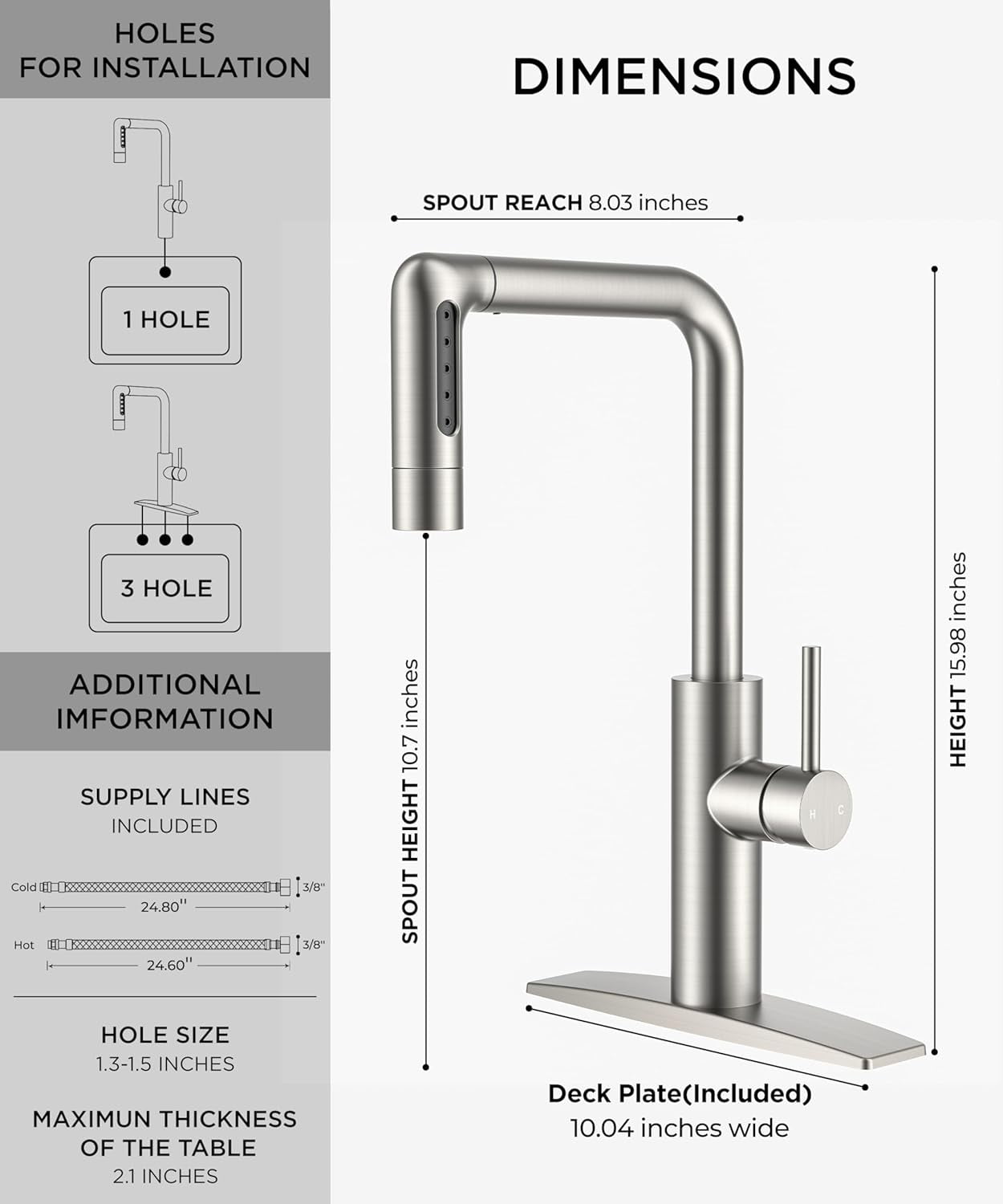 Waterfall Kitchen Faucet with Pull Down Sprayer, 5 Spout Modes Brushed Nickel Stainless Steel Single Handle 360° Swivel Classic Kitchen Sink Faucet with Deck Plate for 1 or 3 Hole for Bar Rv