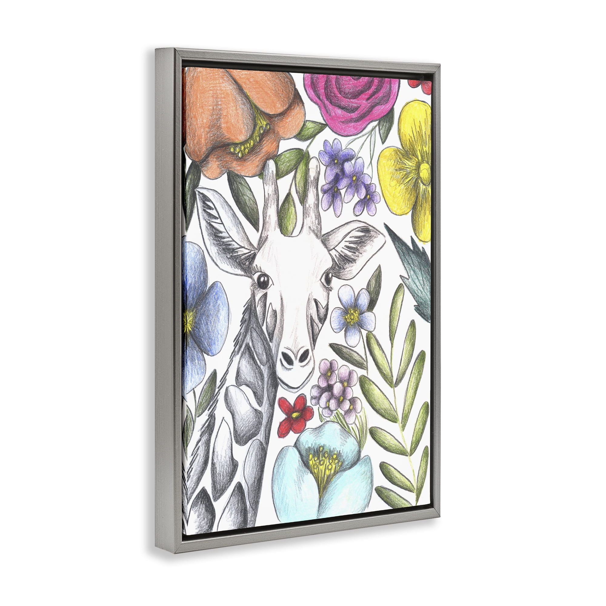 Giraffe In The Midst of Flowers Gray Framed Floater Canvas Wall Art, design by Cecilia Battaini
