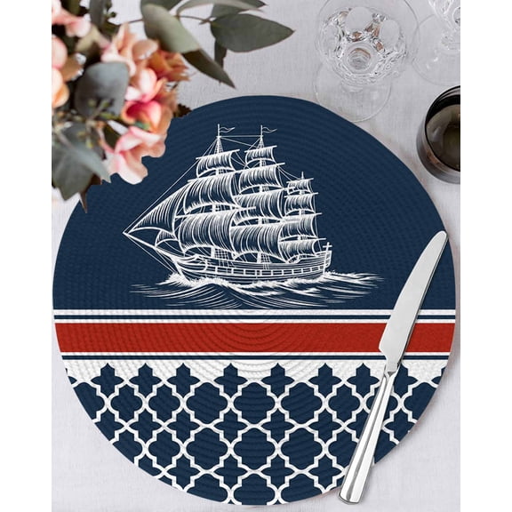 13 Inch Round Placemats Set of 4, Navy Blue Coastal Non Slip Heat Insulation PP Table Mats, Nautical Ocean Sea Abstract Art Washable Place Mats for Kitchen Dining Party Table Decor