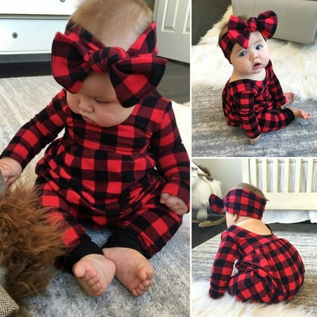 

Xmas Newborn Bay Girl Clothes Plaids Romper Body suit Overall Headband Outfit Baby Clothing
