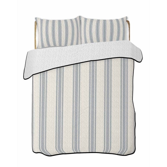 Blue Striped Summer Quilt Set Full Size, Soft Microfiber Quilted Bedding Set with 2 Pillow Shams, Modern Stripes Farmhouse Lightweight All Season Bedspread Coverlet for Bedroom 78"x90"