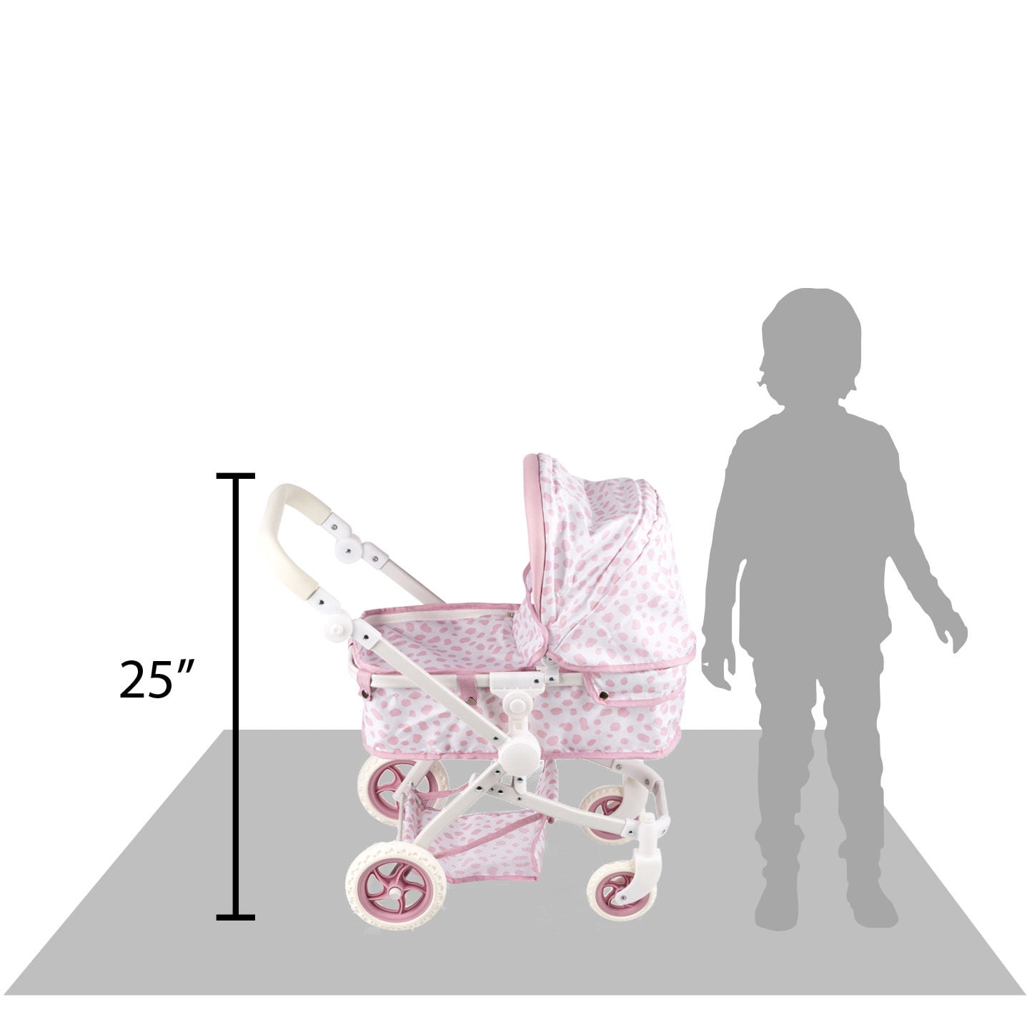 HUSHLILY - Convertible Baby Doll Stroller for Dolls - Bassinet Toy Buggy for Toddlers 3 Years and up, Adjustable Seat & Handle with Storage Basket, Pink Polka Dot Design for Kids