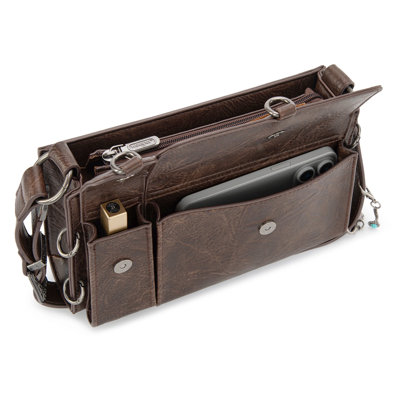 Wrangler Y2K Purse Small Shoulder Bag for Women Stylish Western Design with Detachable Charms Multiple Pockets, Coffee