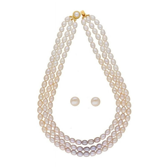 Three Strand 5mm Freshwater Pearl Necklace Set For Women