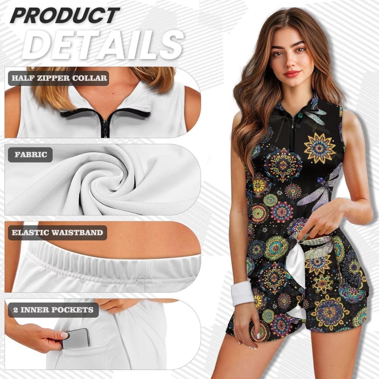 Yuyamidu Dragonfly Boho Floral Womens Golf Dresses with Built-in Shorts Athletic Dress Zip Up Tennis Dress for Women Size XS A-Line Workout Golf Dresses