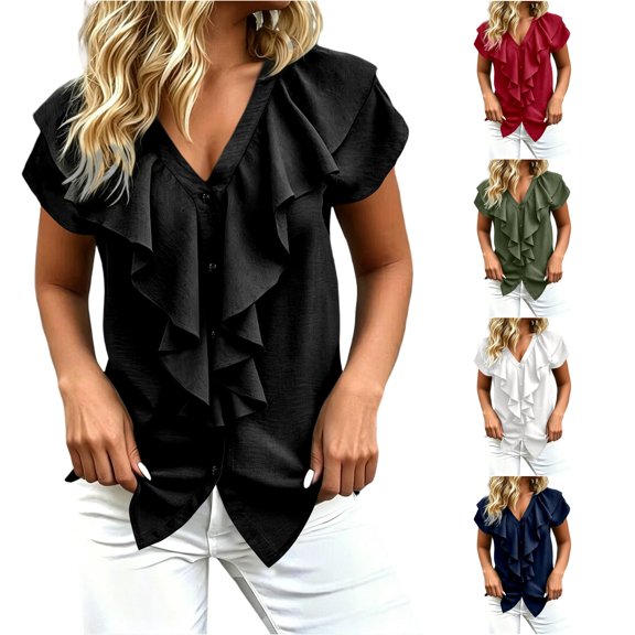 Rhuody Women'S Tops, Tees & Blouses Short Sleeve Blousant With Ruffle Collar Soft Women Clothing Black