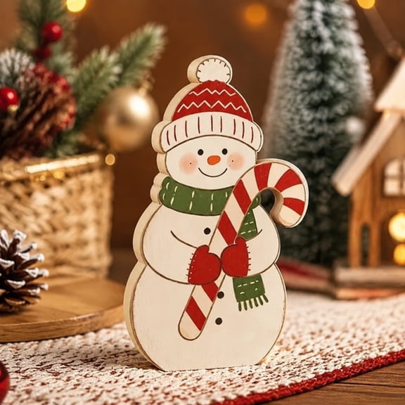 Christmas Snowman Figurine, Wooden Tabletop Decor, Freestanding Seasonal Accent for Mantel Shelf Desk Entryway and Centerpiece Display, Wood Carved Flat Wood Figure with Hat Scarf Decor