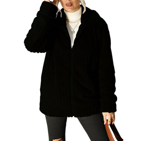 LUXUR Manteaux Sherpa pour Femmes, Couleur Unie, Coupe Ample, Manteau d'Hiver Chaud, Noir, m
