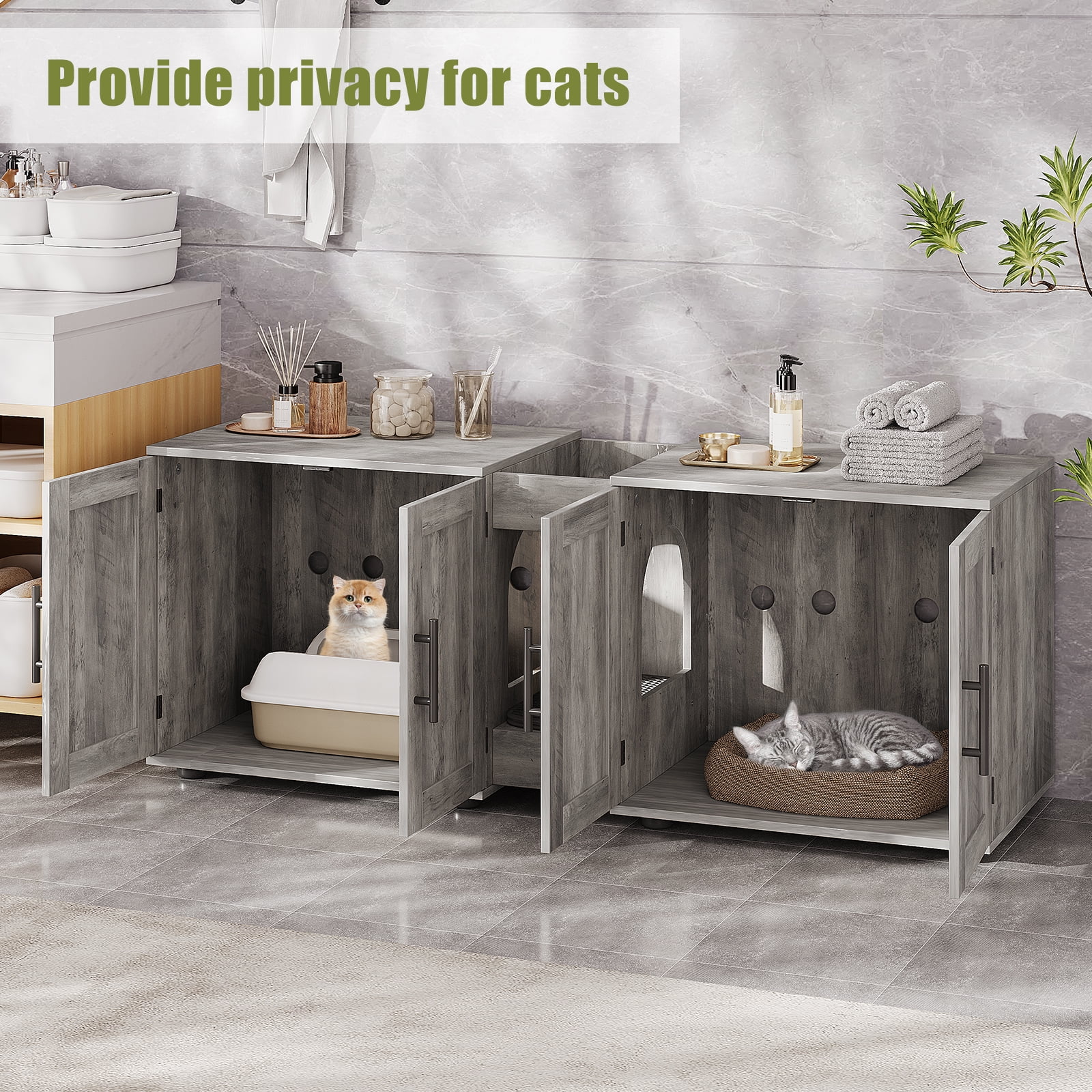 3-in-1Cat Litter Box Enclosure, 55 Inch Large Cat Box Enclosure with Double Rooms, Farmhouse Wooden Cat Washroom, Hidden Litter Box Furniture for Bedroom Living Room