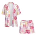 thumbnail image 4 of FKEKYI 2 Piece Short Set for Women Summer Shirt Top & Shorts with Elastic Waist Pink Cherry Flower Print Casual Loungewear Resort Wear Ladies Vacation Outfits, M, 4 of 7