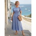 thumbnail image 3 of Womens Blue Casual Ruched Waist Pleated Round Neck Vacation Dress, 3 of 6