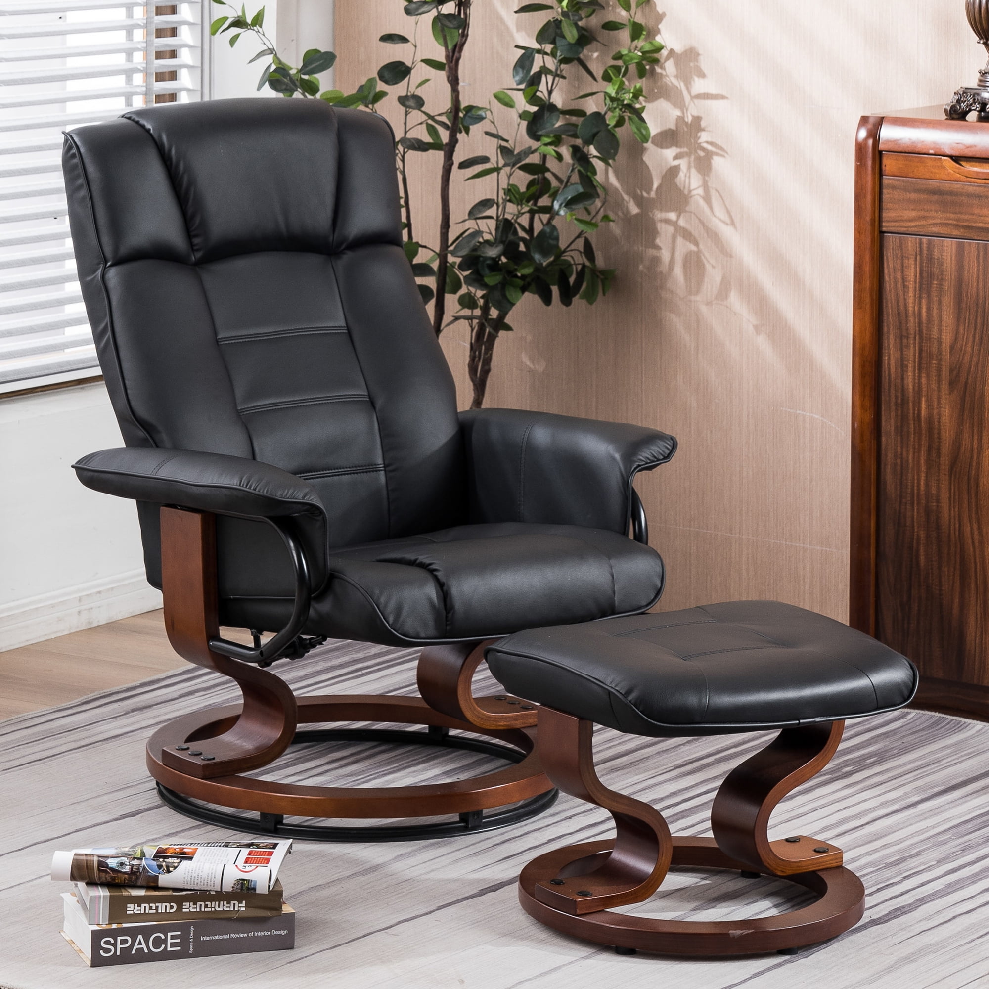 MCombo Swivel Recliner Chair with Wood Base and Ottoman, Faux Leather