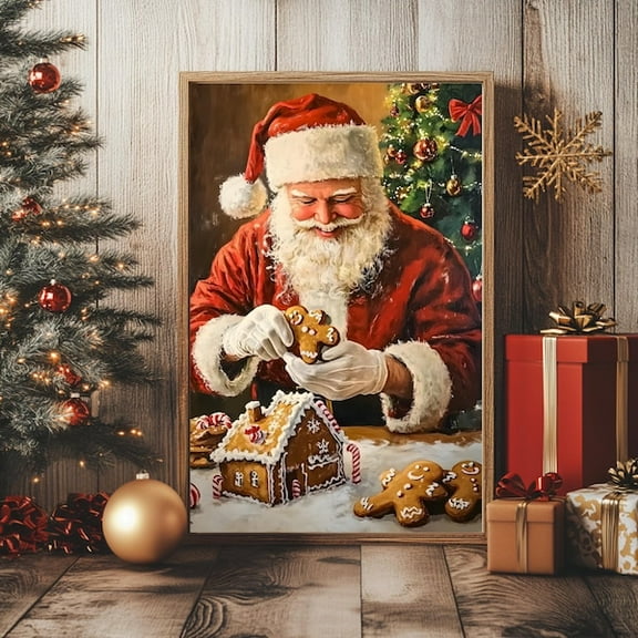 Santa With Gingerbread Christmas Wall Art | Christmas Party Gingerbread Decor | Vintage Santa Print | Cozy Christmas Kitchen Cottagecore- Wall Art Print, 8x12 UNFRAMED