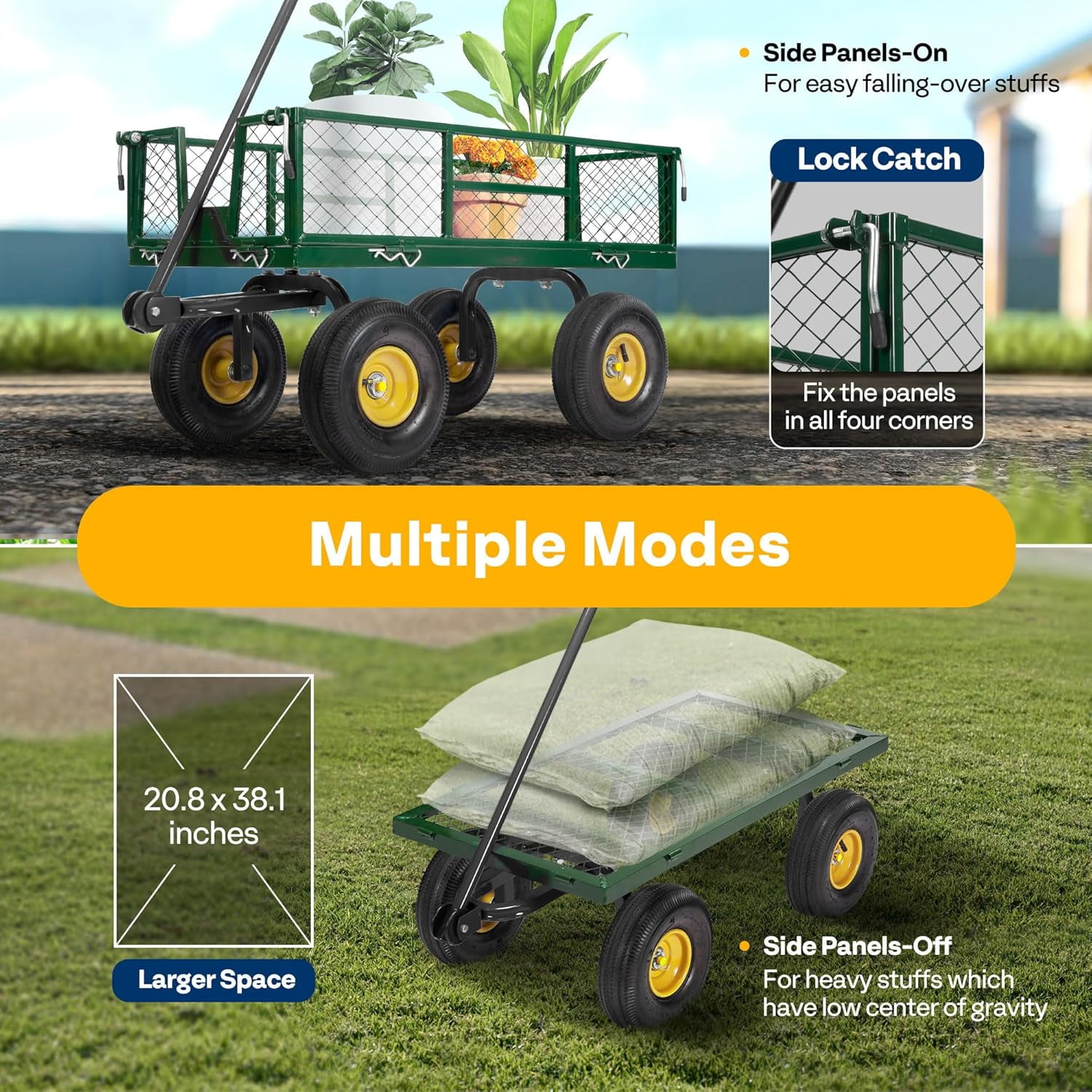 SPECSTAR Mesh Steel Garden Cart 880lb. Capacity, 38" x 21" with Removable Sides and 10 inch Wheels, Green