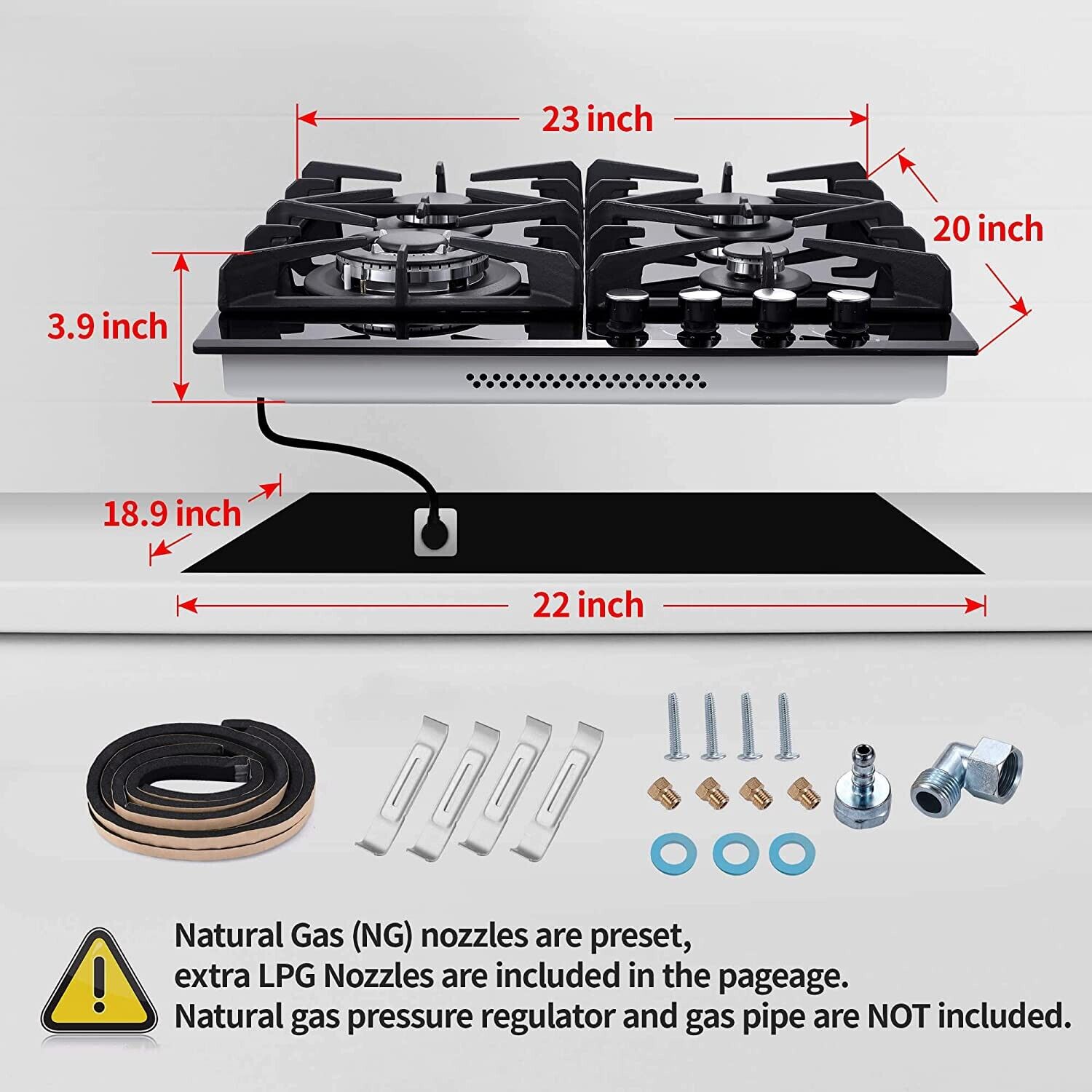 24" Kitchen Built-in Gas Cooktop 4 burners NG/LPG Stainless Steel Tempered Glass