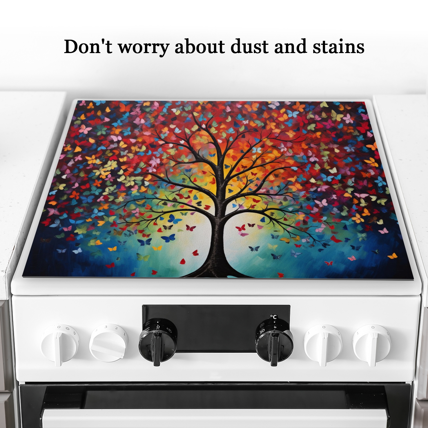 Square Stove Top Covers for Gas Stove, Colorful Tree and Butterfly Pattern Glass Cooktop Cover Protector, Foldable Glass Countertop Protector Mat for Kitchen RV (28×20 Inch)