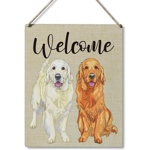 Welcome Sign Gift Farmhouse Welcome Golden Retriever Wooden Hanging Sign 8" x 10"