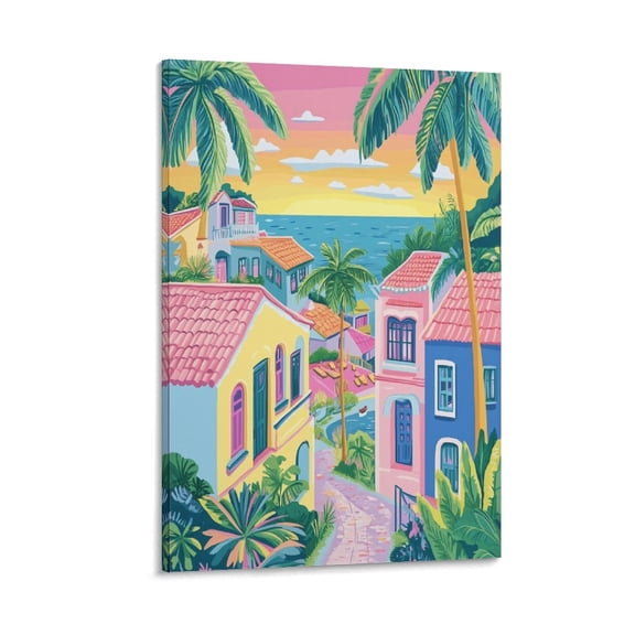 Canvas Prints Colorful Beach Town Canvas Wall Art Summer Beach Seaside Scene Poster Wall Art Decor Print 8x12inch Canvas Wall Art For Living Room Bathroom Framed For Home Decor