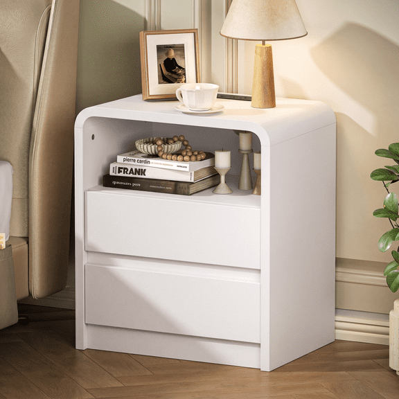 Modern Nightstand with Charging Station & 2 Drawers – 25'' Tall Wood Bedside Table with USB Ports & Cable Management for Bedroom