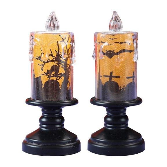 Halloween Flameless Candle Lamp Decor 2.2x5.3'' Battery Operated Candle Snow Globe, Spooky Horror Skull Cemetery Bats Black Cat Decals LED Candle Lights Indoor Home Decor Candles LED Candlestick