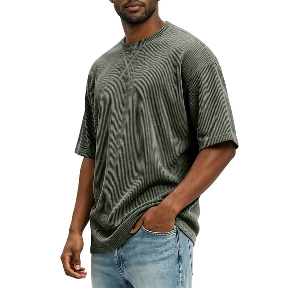 Men's Corduroy Crew Neck Short Sleeve T-Shirt, Loose Fit Casual Summer Textured Top, Fashion Streetwear 2XL
