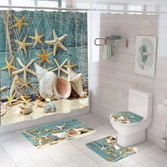 Lighthouse StarShower Curtain Sets Marine Ocean Beach Fishnet Shell Bathroom Curtains Scenery Bath Mat Rug Toilet Lid Cover