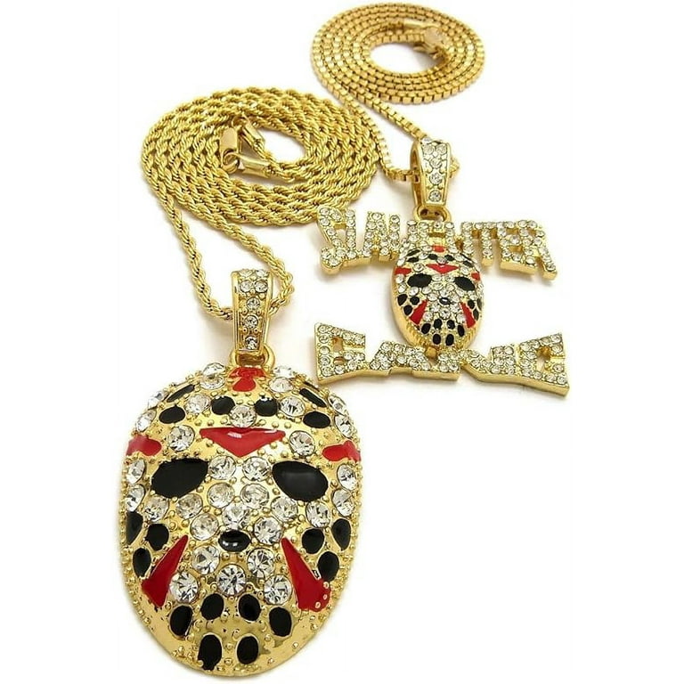 ICED SLAUGHTER GANG & JASON MASK GOLD PLATED PENDANT & CHAINS HIP