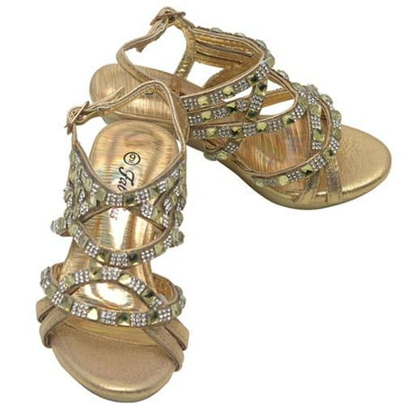 Furry & Fabulous - Little Girls Gold Strappy Rhinestone Heeled Platform ...