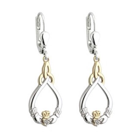 Solvar Silver 10K Gold & Dia Claddagh Earrings