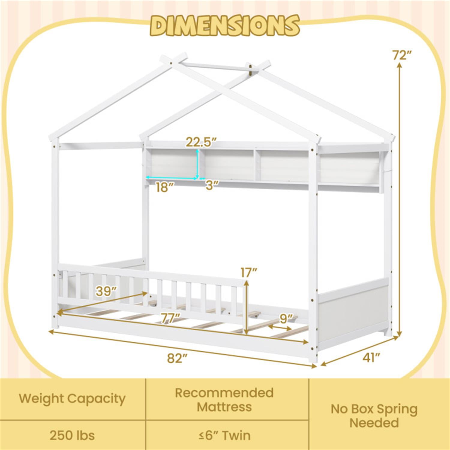 Demi Bonn Twin Size House Bed Frame with Storage Shelf and Headboard, Wooden Floor Bed Frame with Fence and Roof for Bedroom, White