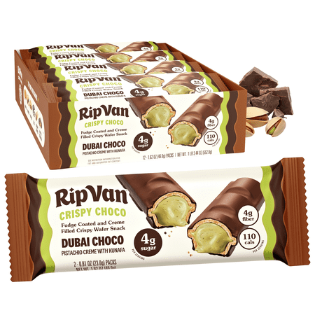 Rip Van Dubai Chocolate Bar Crispy Choco – Healthy Snack with Creamy Pistachio & Toasted Kunafa – Dubai Choco Flavor – 4g Sugar, 5g Fiber – Guilt-Free Indulgence – 12 Pack