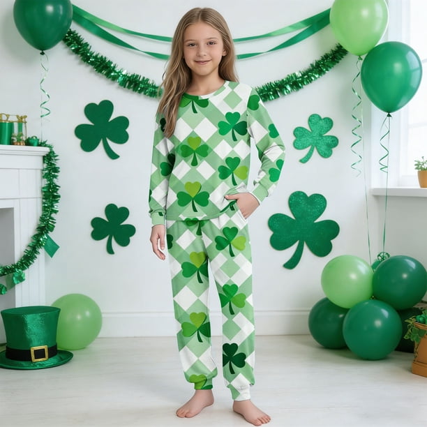 Conjuntos de blusa y camisa de manga larga con cuello redondo. Conjunto de camisa y pantalón de manga larga con estampado del Día de San Patricio para niños y niñas. Top y pantalón para niña.