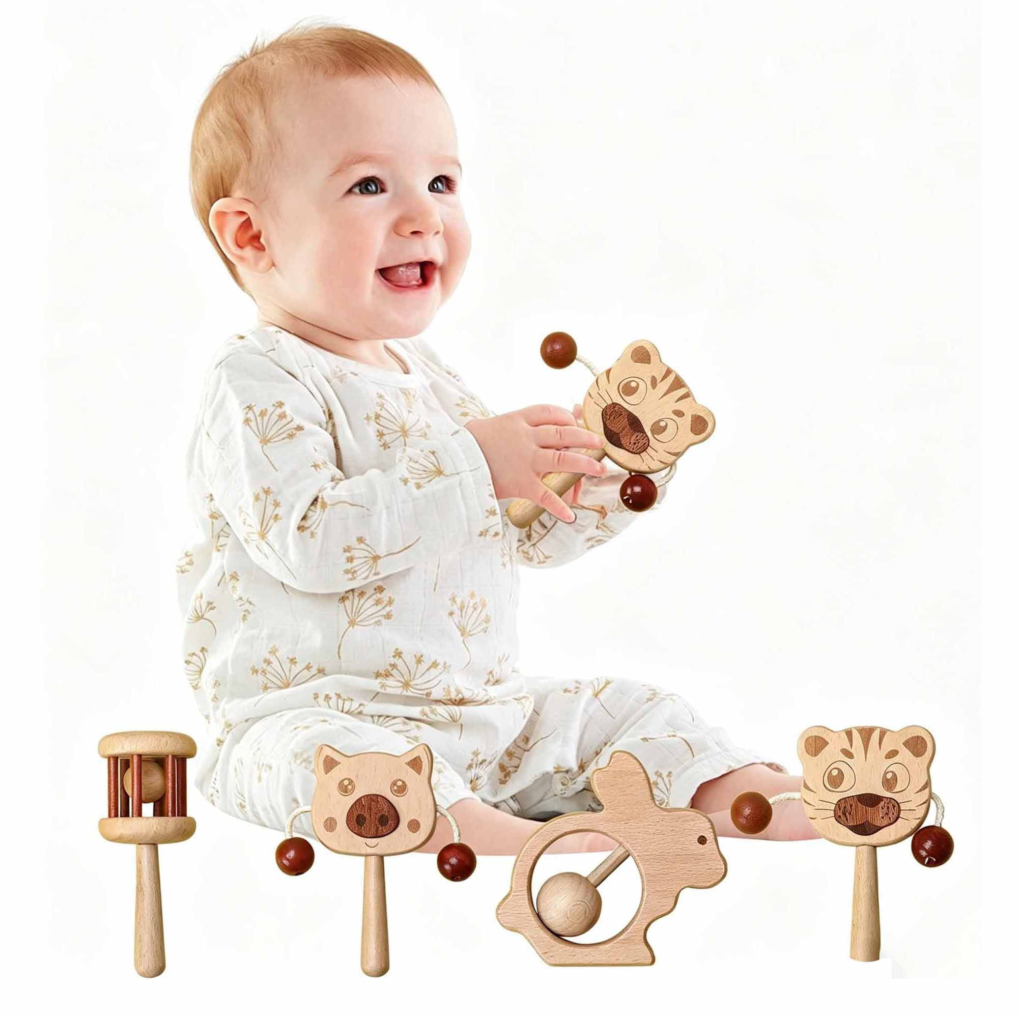 Natural Wooden Baby Rattle Toy for Infants 0-1 Year Educational Toys Hand Rattles for 0 3 6 9 12 Months Boys Girls Easy Grip Infant Sensory Shaker Toy Promote Motor Skills and Sensory Development