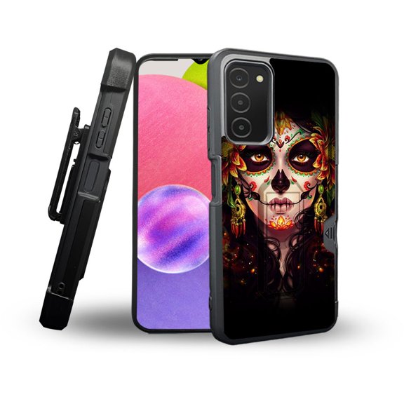 ANJ  Rugged Shockproof Holster Case Card Slot Kickstand   Tempered Glass Cover for Samsung Galaxy A03s - Death Lady 2