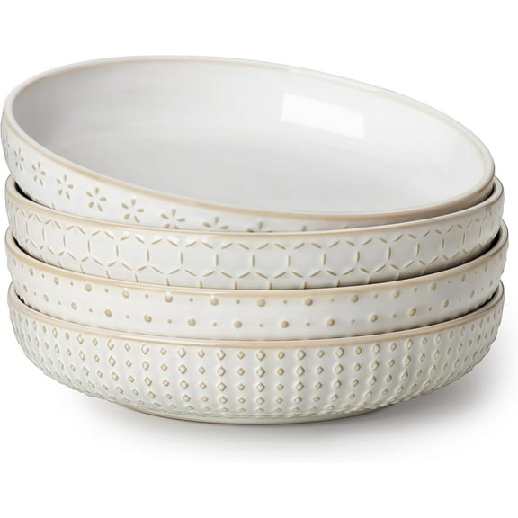 Pasta Bowls 48 Oz, 9.5 Inch Large Salad Bowls, Modern Relief Design Ceramic Serving Bowls, Wide and Shallow Plates Pasta Plates, Microwave & Dishwasher Safe, Set of 4, Series LYDIA