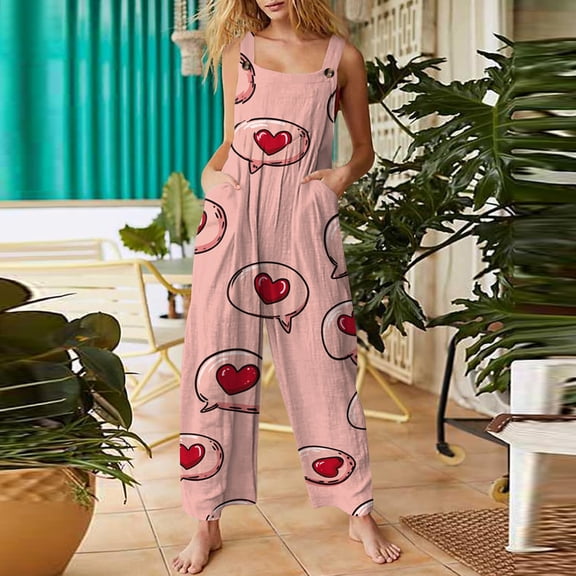 Women's Valentine's Day Overalls Cute Heart Print Wide Leg Jumpsuits Baggy Trendy Fashion Valentine Rompers with Pockets