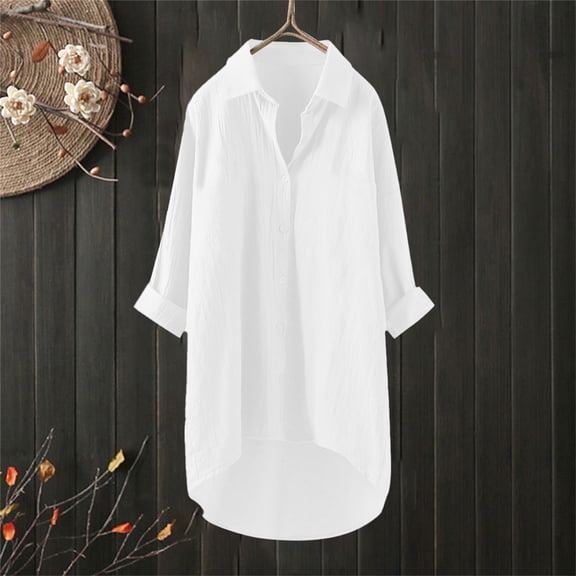 Long Sleeve Shirts for Women, Women's Casual Linen Blouses Tops Long Sleeve Button Down Shirts, White S