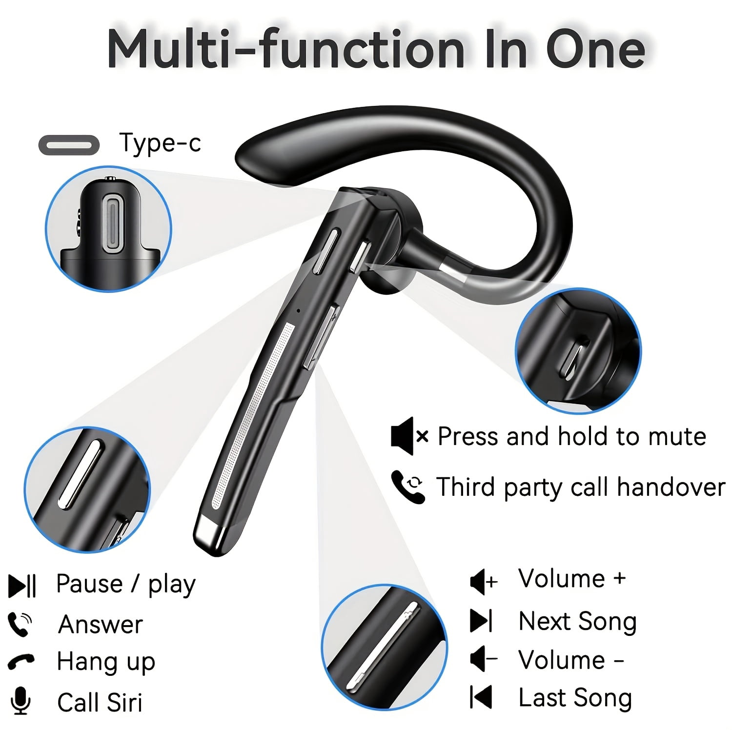 Single-Ear Bluetooth Business Earbud, Wireless Single Headset, 120-Hour Standby Time & 500mAh Battery, HD Noise-Cancelling Microphone For Truck Drivers, Fitness Enthusiasts & Outdoor Use, Comfortable