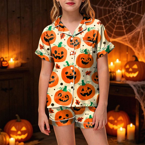 CAUYDY Girls Halloween Satin Pajamas Set Button Down 2 Piece Pjs Shorts Set Loungewear Sets Sleepwear,2-3 Y