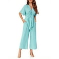 thumbnail image 4 of Summer V-neck Womens Wide Leg Jumpsuits Short Sleeve Tie Knot Front Long Romper, 4 of 7
