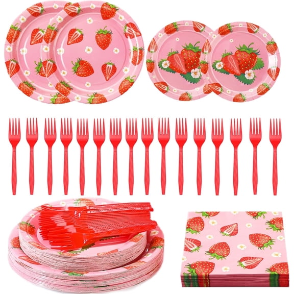 192 Pcs Strawberry Plates and Napkins Tableware Set Plastic Forks Summer Fruit Party Supplies Disposable Strawberry Birthday Decoration Serve for 48 Guests Baby Shower Birthday Summer Fruit 1st