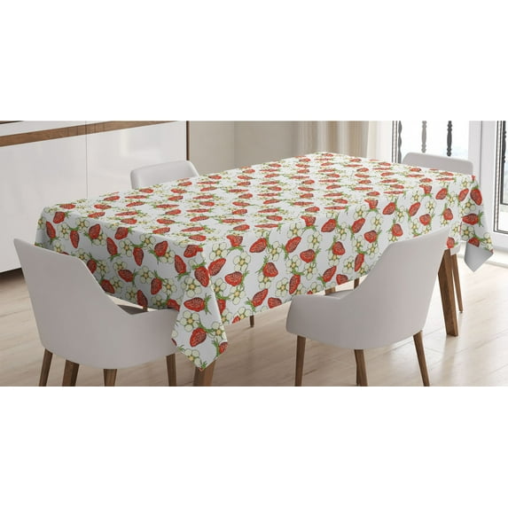 Strawberry Tablecloth, Berry Blossoms Off White Flowers Tasty Summer, Rectangle Satin Table Cover Accent for Dining Room and Kitchen, 60" X 90", Vermilion Green, by Ambesonne