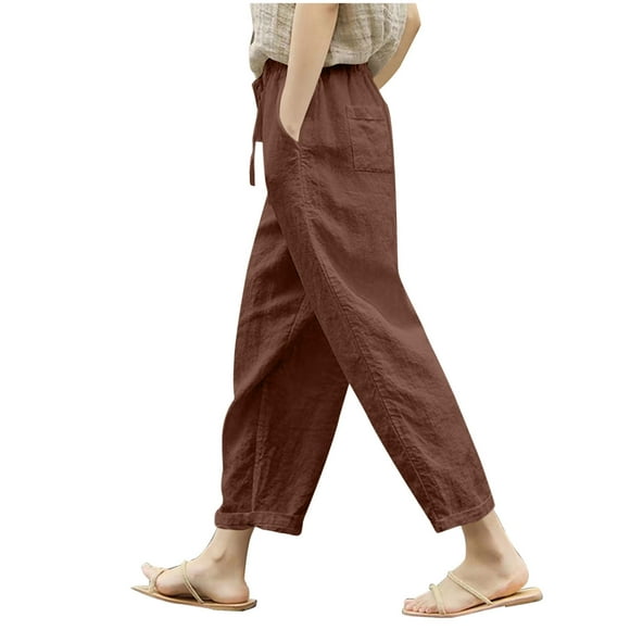 FNFYFH Liquidation Pantalons Longs Taille Haute en Lin et Coton pour Femmes Coupe Ample Couleur Unie