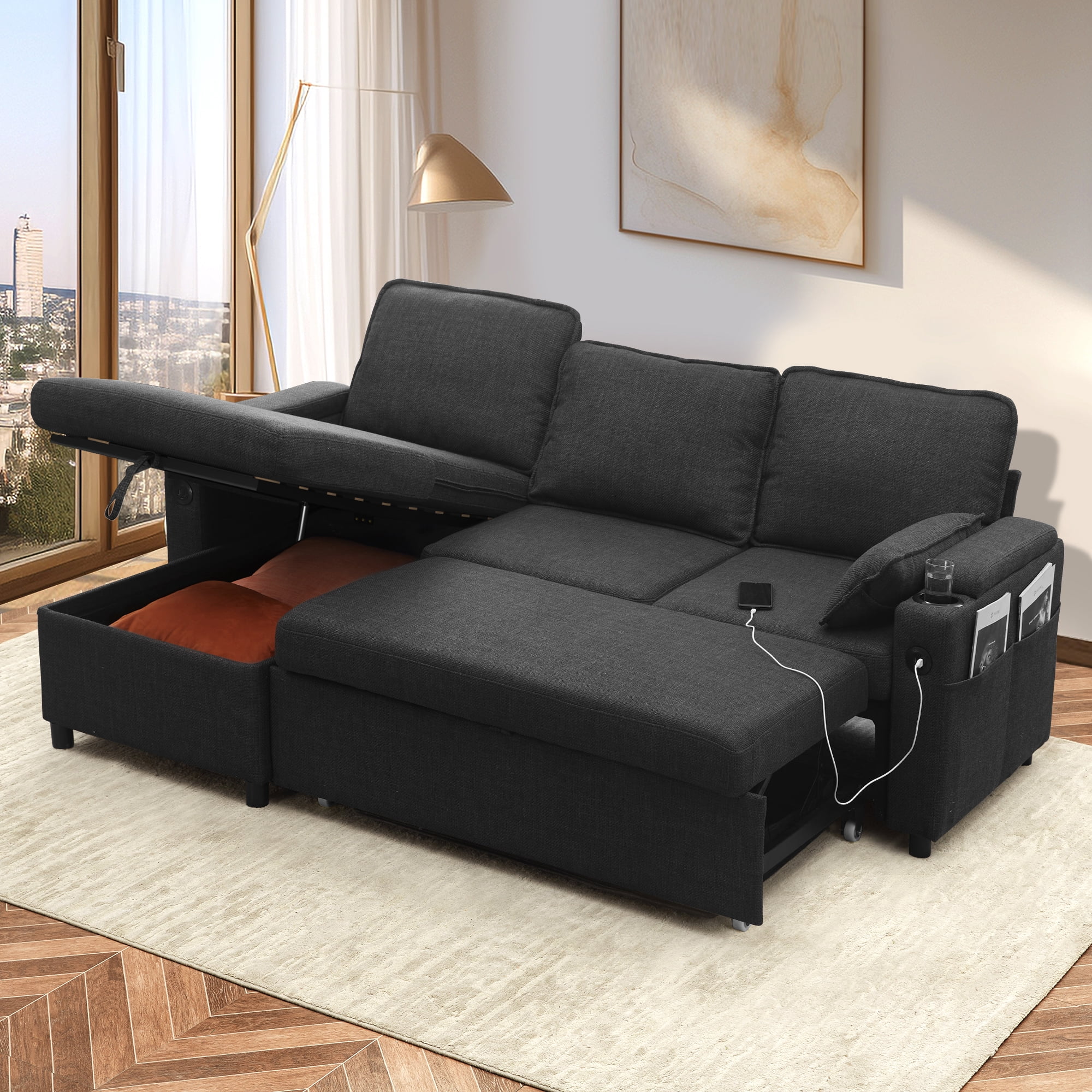Convertible Sofa Bed Sleeper Pull Out Sectional Couch with Storage, L Shaped Couch Bed for Living Room,Apartment,Small Space - Dark Gray